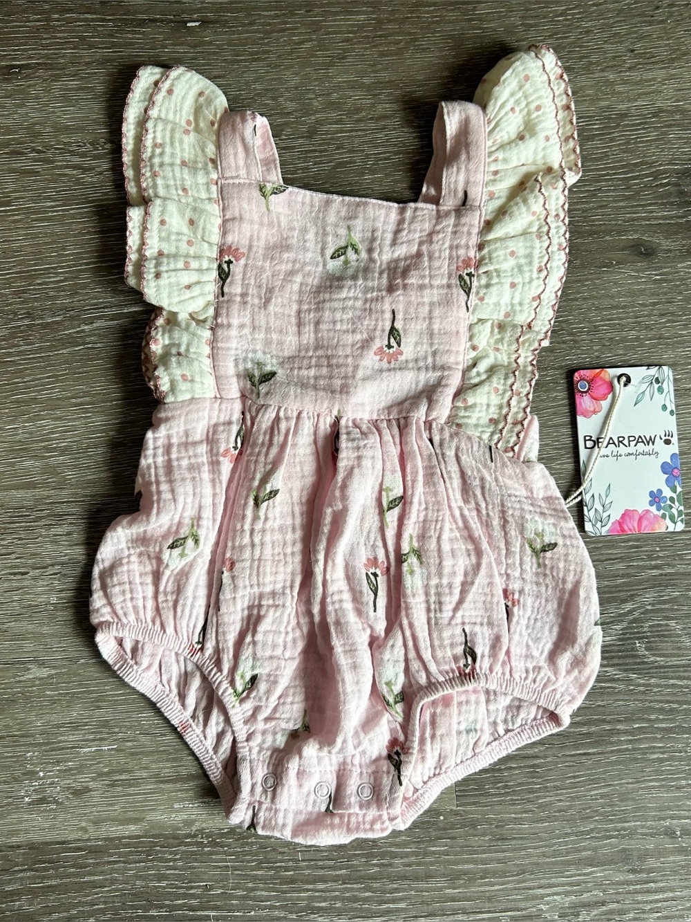 NWT Baby Girl 6/9 Months Bearpaw Pink Floral Ruffle Romper Onsie